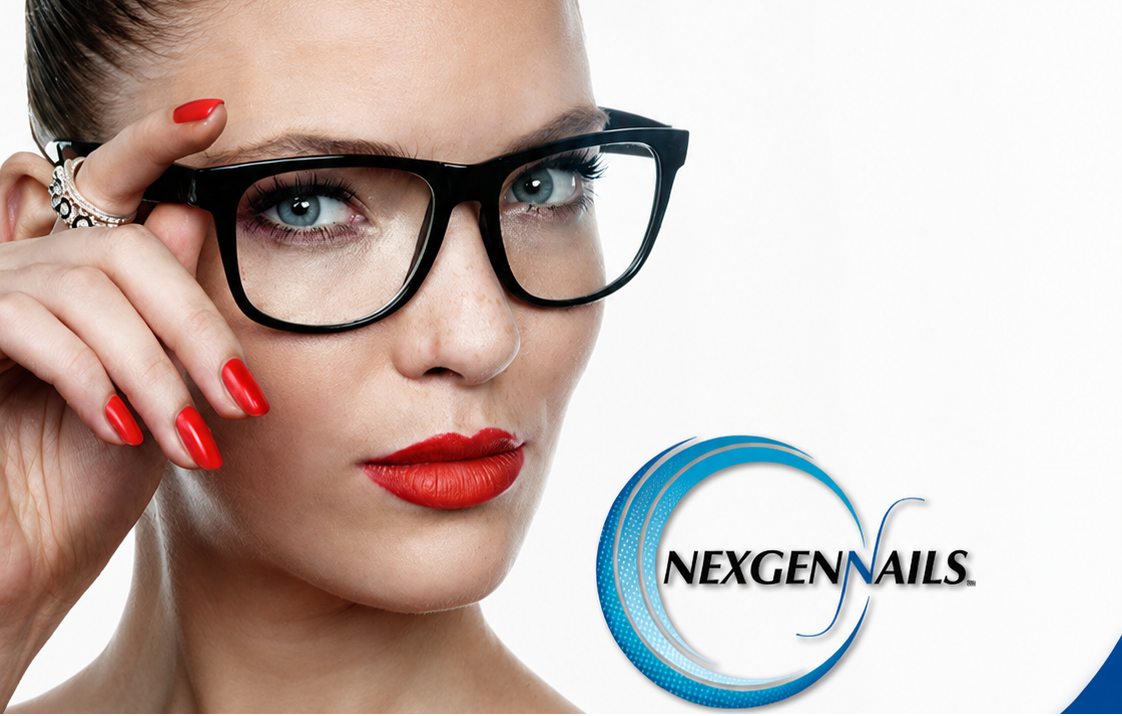 Woman with red nails and glasses, promoting Nexgen Nails with text 'The preferred choice for salons!'.