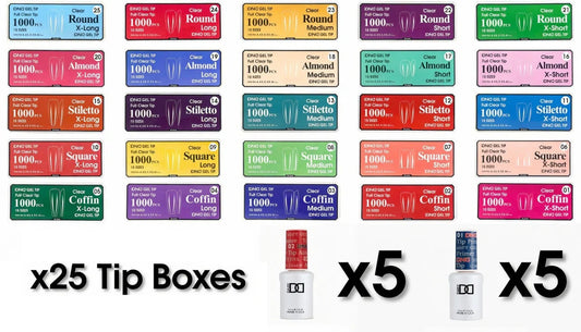 DND Gel Tip Bundle – 25 Boxes All Shapes & Sizes + Adhesive & Primer