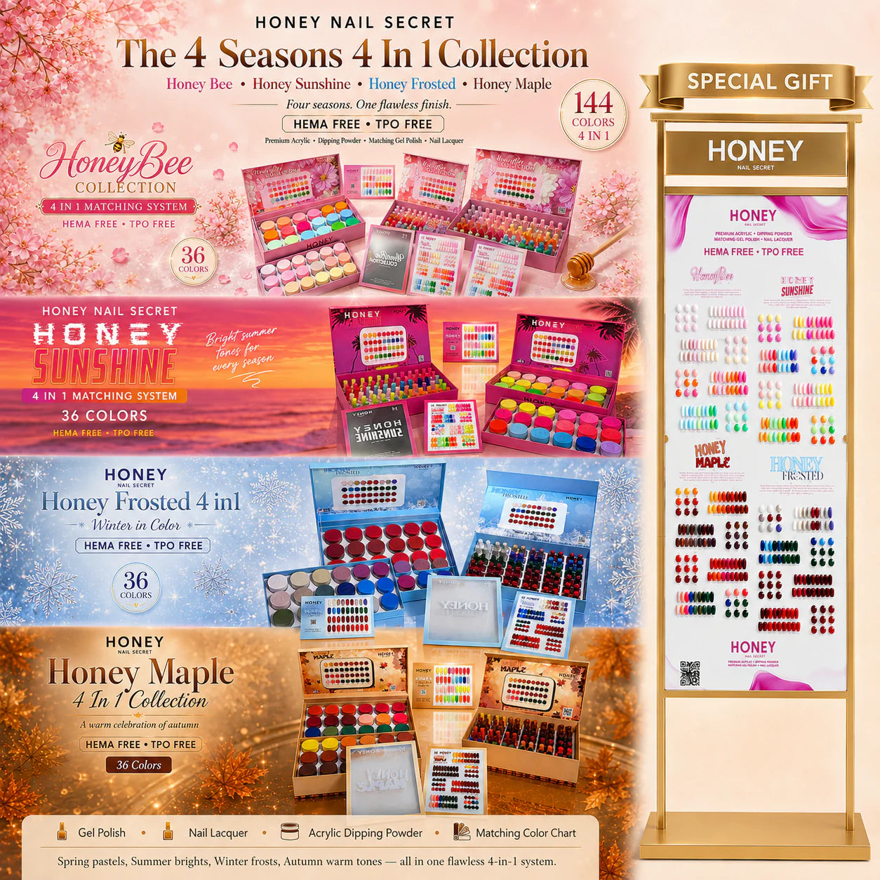 HONEY FULL LINE ACRYLIC + GEL & LACQUER 144 COLORS